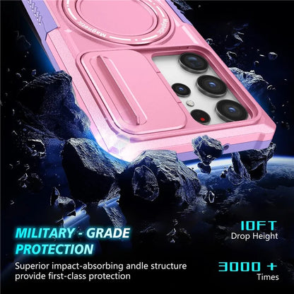 For Samsung Galaxy S22 Ultra 5G Magnetic Phone Case PC+TPU Slide Lens Window Kickstand Shell
