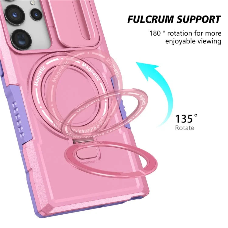 For Samsung Galaxy S22 Ultra 5G Magnetic Phone Case PC+TPU Slide Lens Window Kickstand Shell