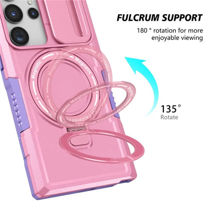 For Samsung Galaxy S22 Ultra 5G Magnetic Phone Case PC+TPU Slide Lens Window Kickstand Shell