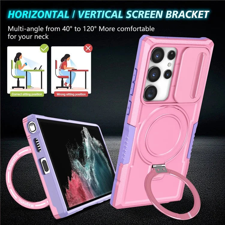 For Samsung Galaxy S22 Ultra 5G Magnetic Phone Case PC+TPU Slide Lens Window Kickstand Shell