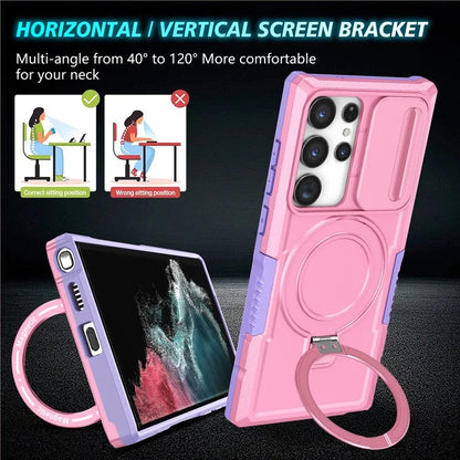For Samsung Galaxy S22 Ultra 5G Magnetic Phone Case PC+TPU Slide Lens Window Kickstand Shell