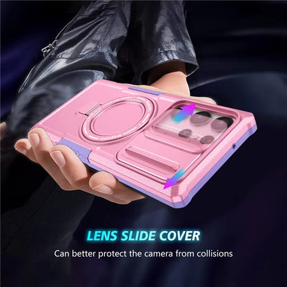 For Samsung Galaxy S22 Ultra 5G Magnetic Phone Case PC+TPU Slide Lens Window Kickstand Shell