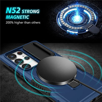 For Samsung Galaxy S22 Ultra 5G Magnetic Phone Case PC+TPU Slide Lens Window Kickstand Shell