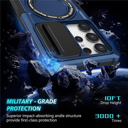 For Samsung Galaxy S22 Ultra 5G Magnetic Phone Case PC+TPU Slide Lens Window Kickstand Shell