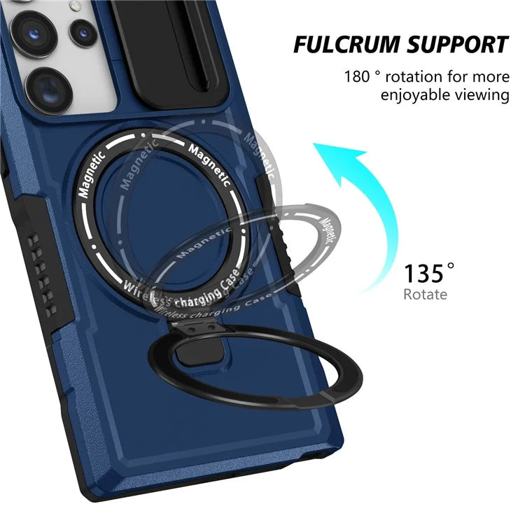 For Samsung Galaxy S22 Ultra 5G Magnetic Phone Case PC+TPU Slide Lens Window Kickstand Shell
