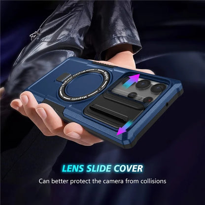 For Samsung Galaxy S22 Ultra 5G Magnetic Phone Case PC+TPU Slide Lens Window Kickstand Shell