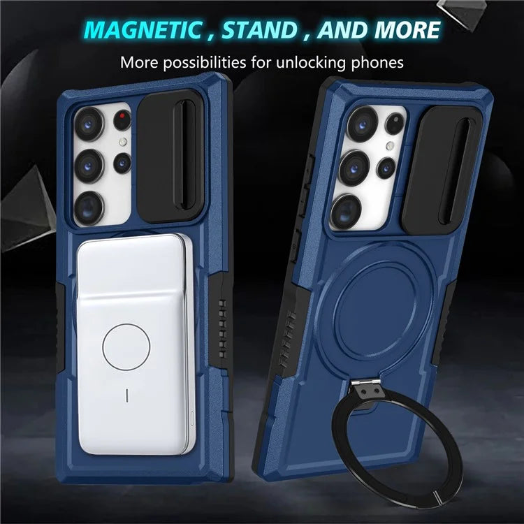For Samsung Galaxy S22 Ultra 5G Magnetic Phone Case PC+TPU Slide Lens Window Kickstand Shell