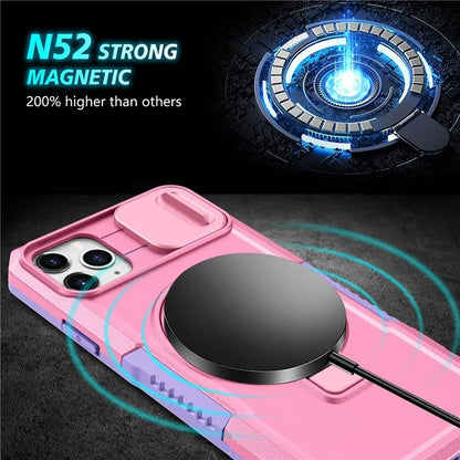 For iPhone 11 Pro Max Case Kickstand PC+TPU Magnetic Phone Cover with Lens Guard