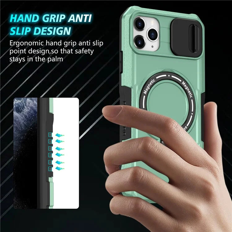 For iPhone 11 Pro Max Case Kickstand PC+TPU Magnetic Phone Cover with Lens Guard