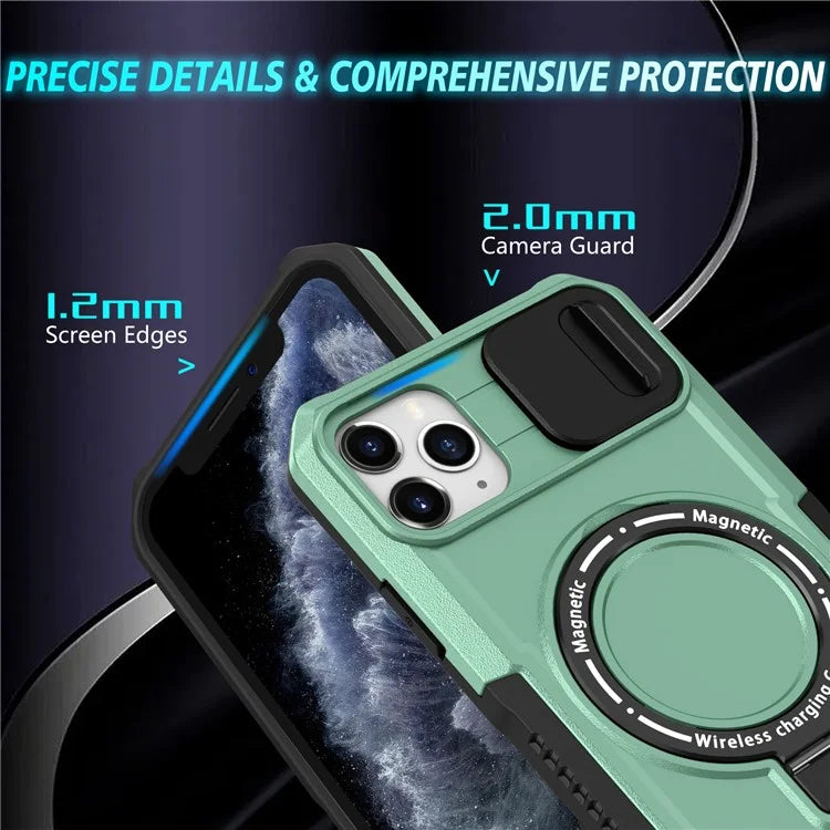 For iPhone 11 Pro Max Case Kickstand PC+TPU Magnetic Phone Cover with Lens Guard