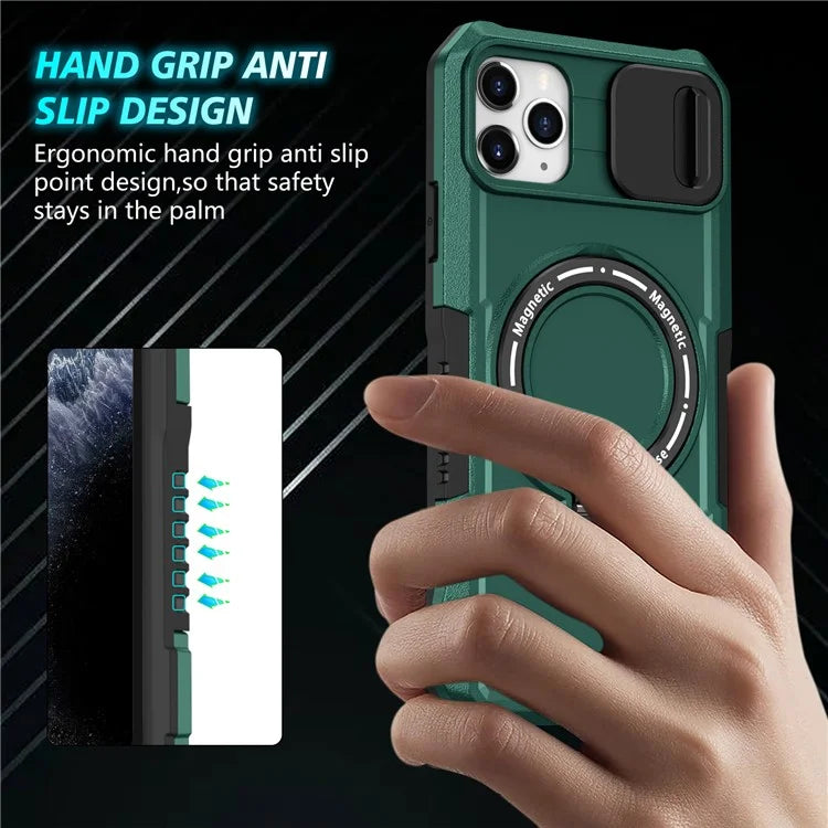 For iPhone 11 Pro Max Case Kickstand PC+TPU Magnetic Phone Cover with Lens Guard