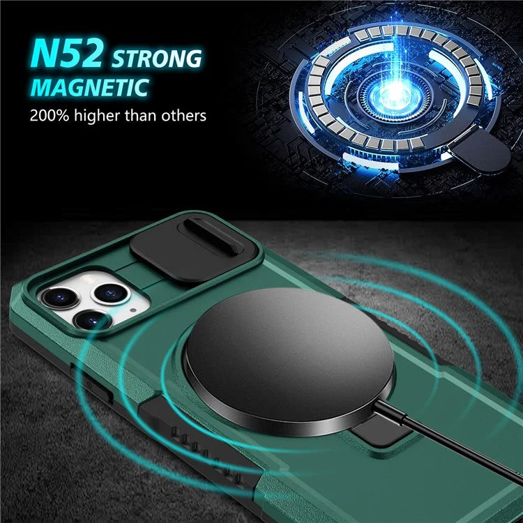 For iPhone 11 Pro Max Case Kickstand PC+TPU Magnetic Phone Cover with Lens Guard