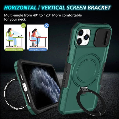 For iPhone 11 Pro Max Case Kickstand PC+TPU Magnetic Phone Cover with Lens Guard
