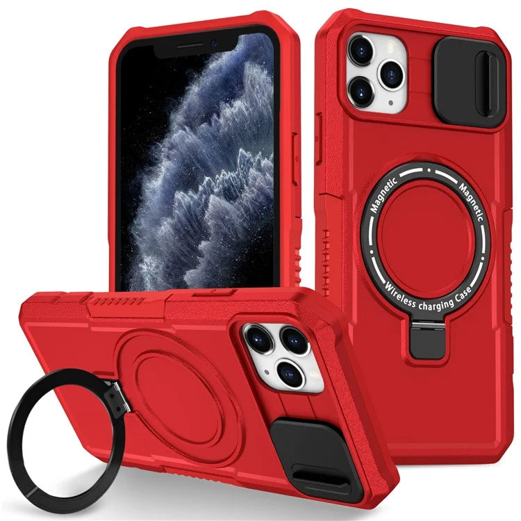 For iPhone 11 Pro Max Case Kickstand PC+TPU Magnetic Phone Cover with Lens Guard