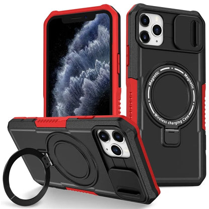For iPhone 11 Pro Max Case Kickstand PC+TPU Magnetic Phone Cover with Lens Guard / Black