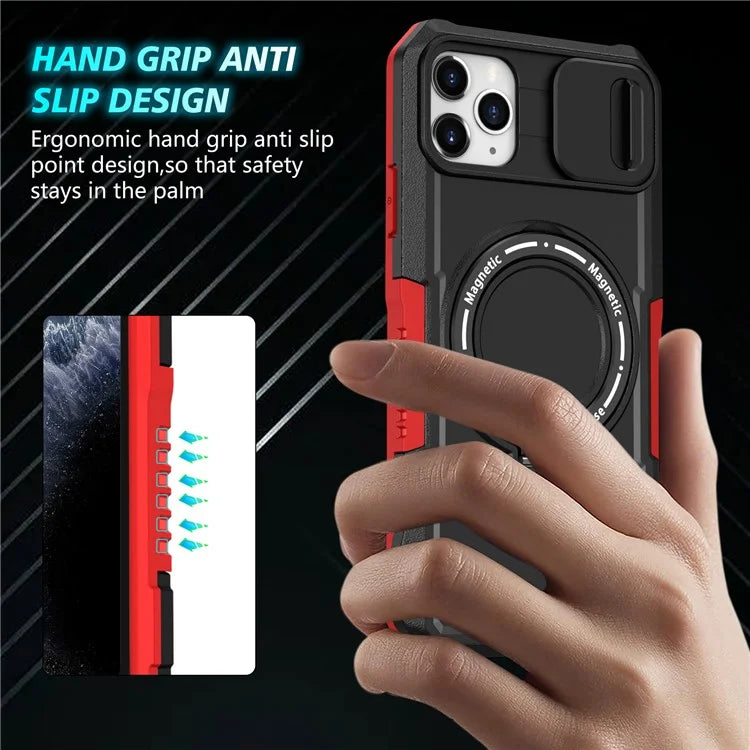 For iPhone 11 Pro Max Case Kickstand PC+TPU Magnetic Phone Cover with Lens Guard / Black