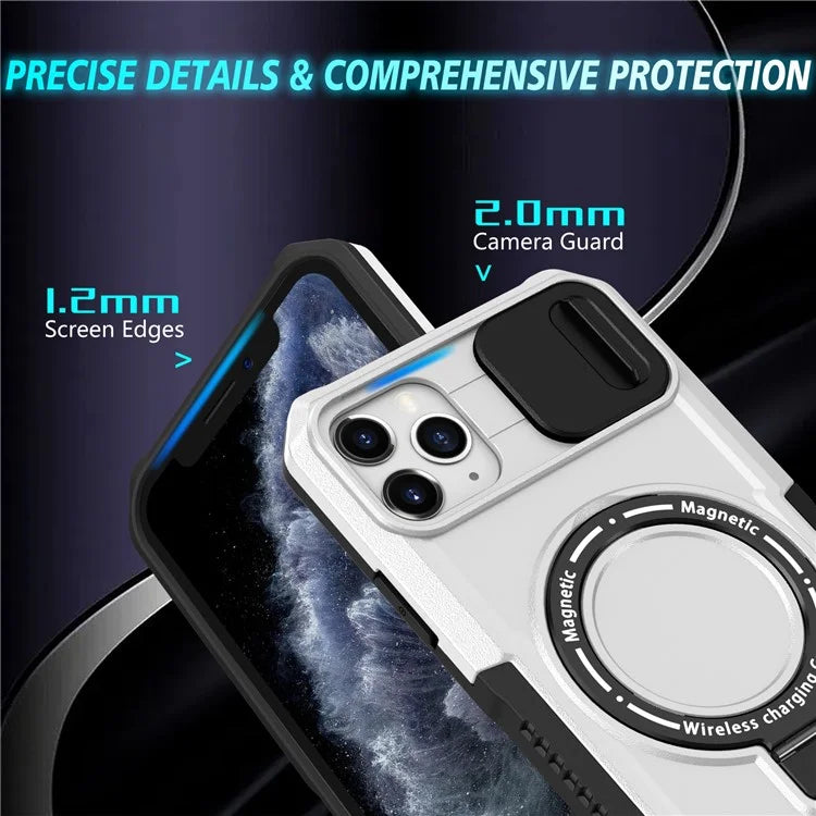 For iPhone 11 Pro Max Case Kickstand PC+TPU Magnetic Phone Cover with Lens Guard
