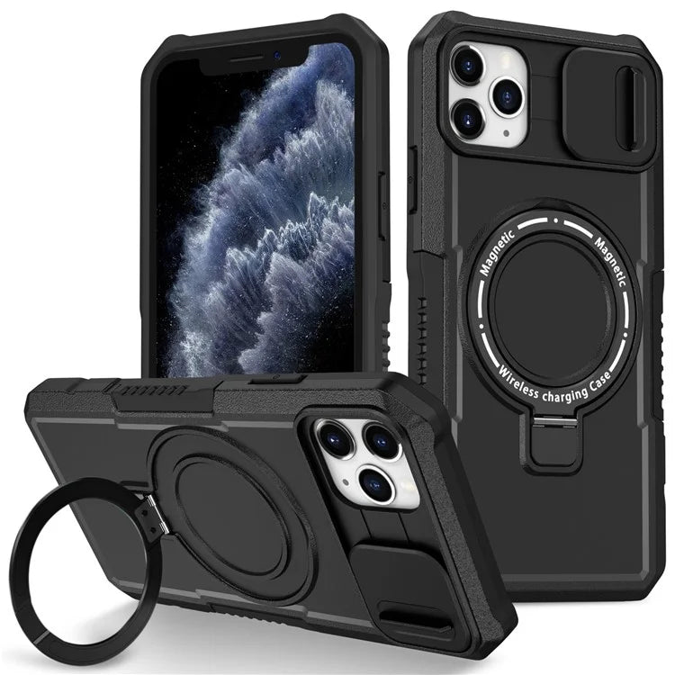 For iPhone 11 Pro Max Case Kickstand PC+TPU Magnetic Phone Cover with Lens Guard