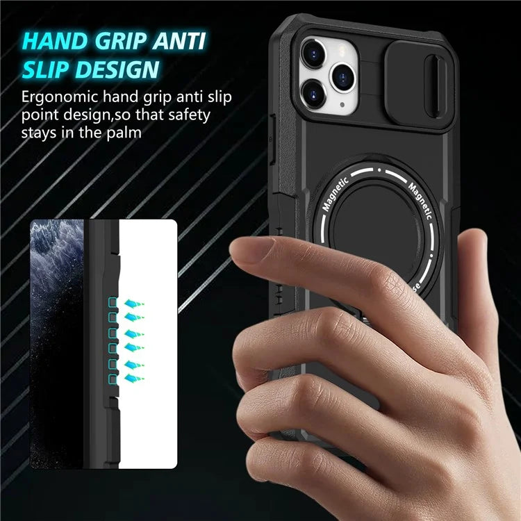 For iPhone 11 Pro Max Case Kickstand PC+TPU Magnetic Phone Cover with Lens Guard