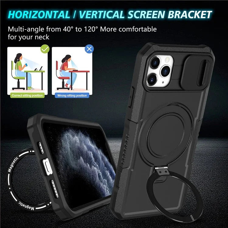 For iPhone 11 Pro Max Case Kickstand PC+TPU Magnetic Phone Cover with Lens Guard