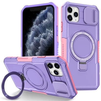 For iPhone 11 Pro Max Case Kickstand PC+TPU Magnetic Phone Cover with Lens Guard
