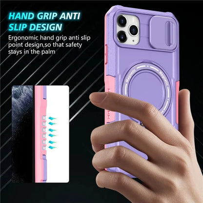 For iPhone 11 Pro Max Case Kickstand PC+TPU Magnetic Phone Cover with Lens Guard