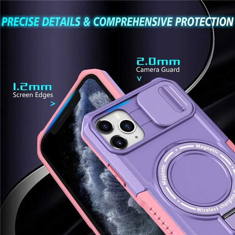 For iPhone 11 Pro Max Case Kickstand PC+TPU Magnetic Phone Cover with Lens Guard