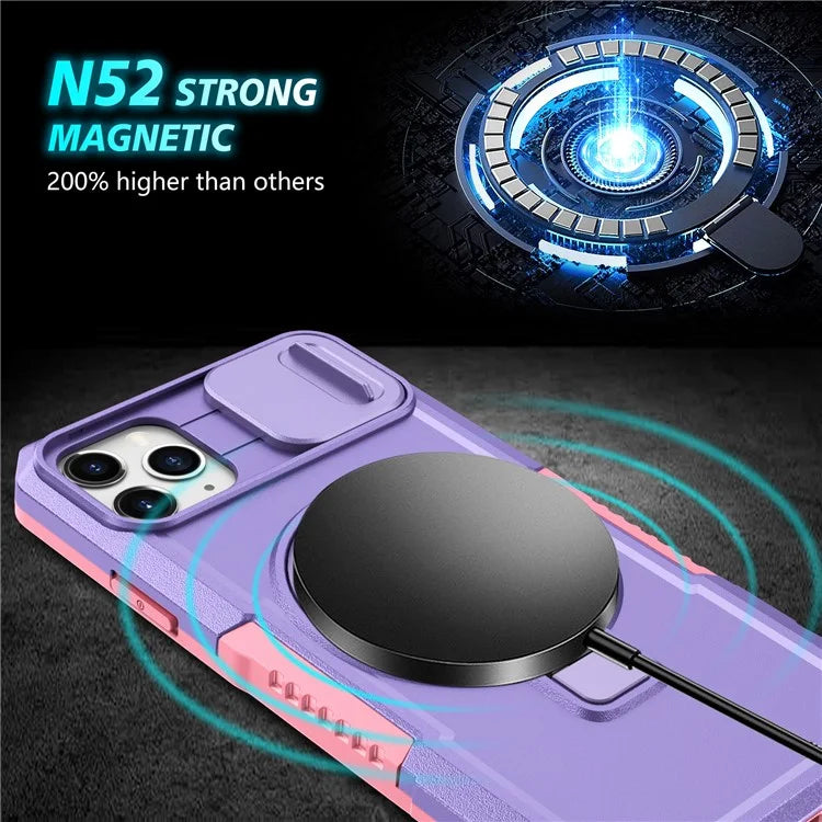 For iPhone 11 Pro Max Case Kickstand PC+TPU Magnetic Phone Cover with Lens Guard