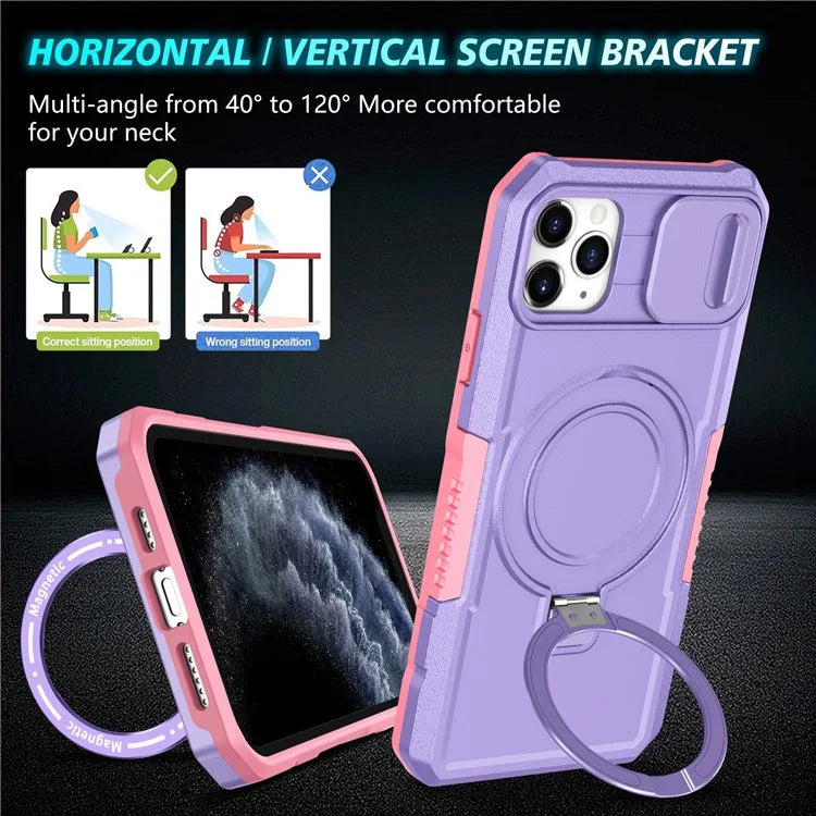 For iPhone 11 Pro Max Case Kickstand PC+TPU Magnetic Phone Cover with Lens Guard