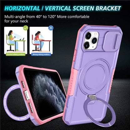 For iPhone 11 Pro Max Case Kickstand PC+TPU Magnetic Phone Cover with Lens Guard