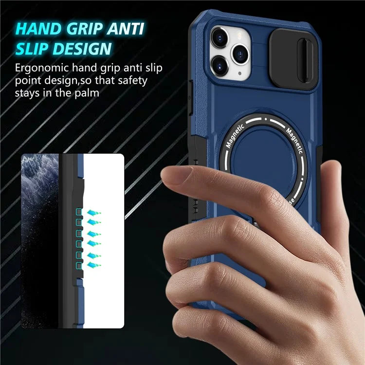 For iPhone 11 Pro Max Case Kickstand PC+TPU Magnetic Phone Cover with Lens Guard