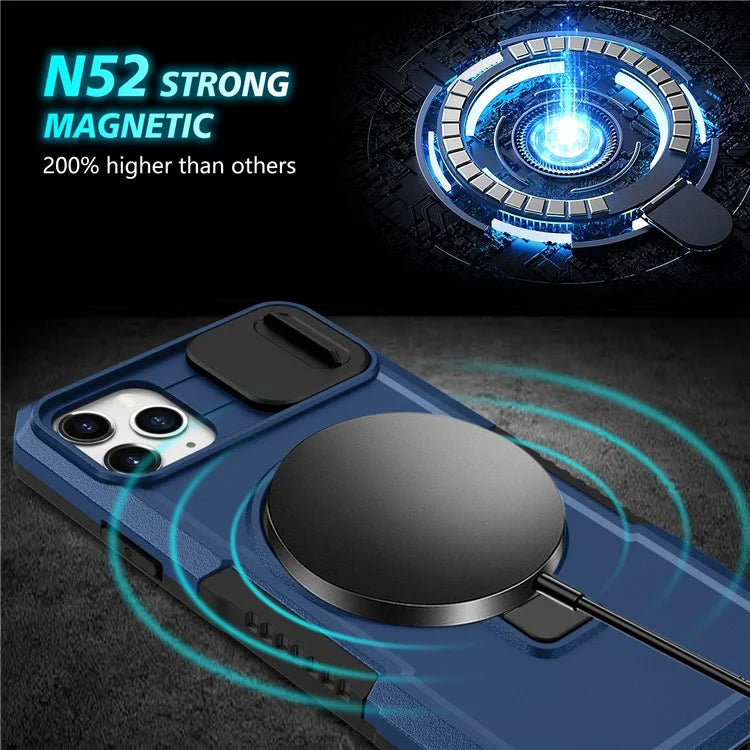 For iPhone 11 Pro Max Case Kickstand PC+TPU Magnetic Phone Cover with Lens Guard