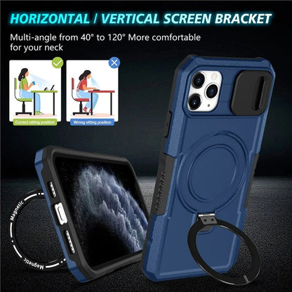 For iPhone 11 Pro Max Case Kickstand PC+TPU Magnetic Phone Cover with Lens Guard