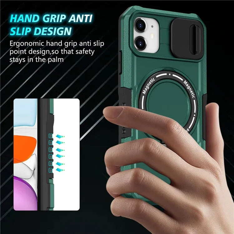 For iPhone 11 Case Invisible Magnetic Kickstand PC+TPU Phone Shell Built-in Sliding Lens Coverish Green