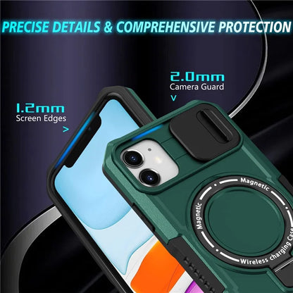 For iPhone 11 Case Invisible Magnetic Kickstand PC+TPU Phone Shell Built-in Sliding Lens Coverish Green