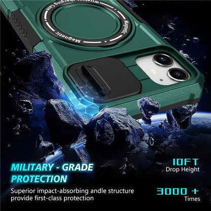For iPhone 11 Case Invisible Magnetic Kickstand PC+TPU Phone Shell Built-in Sliding Lens Coverish Green