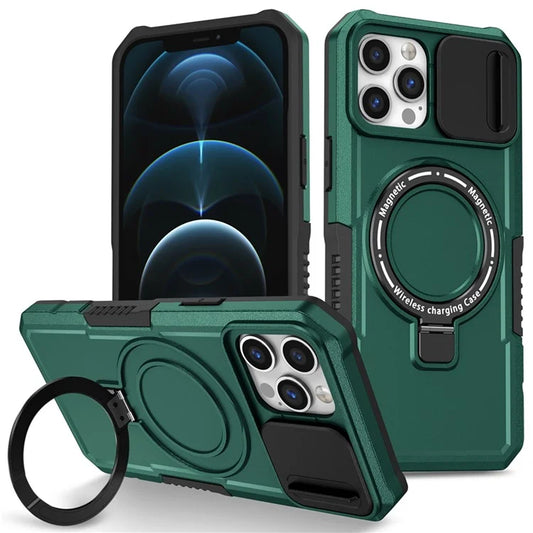 For iPhone 12 Pro Max 6.7 inch Magnetic Phone Case PC+TPU Cover with Slide Camera Lidish Green