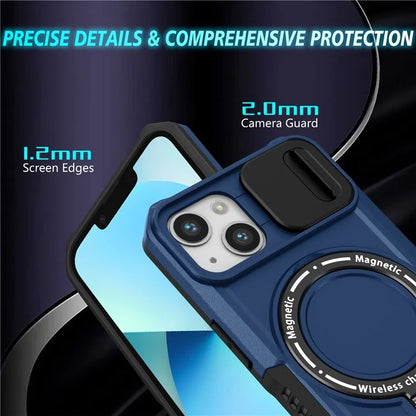 For iPhone 13 Camera Protection Case Magnetic Kickstand PC+TPU Phone Cover