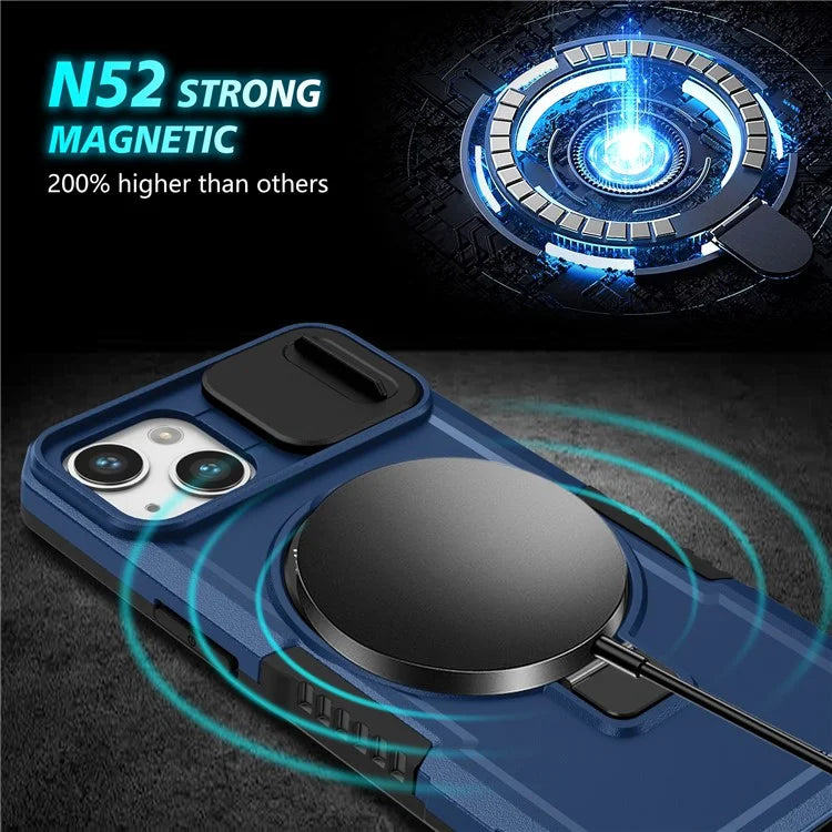For iPhone 13 Camera Protection Case Magnetic Kickstand PC+TPU Phone Cover
