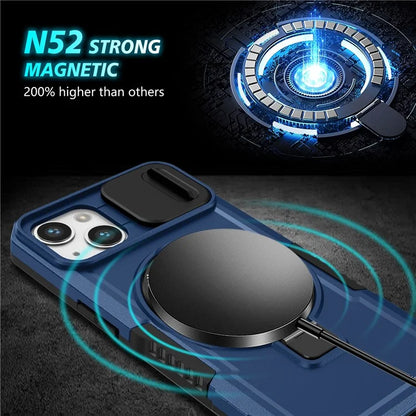 For iPhone 13 Camera Protection Case Magnetic Kickstand PC+TPU Phone Cover
