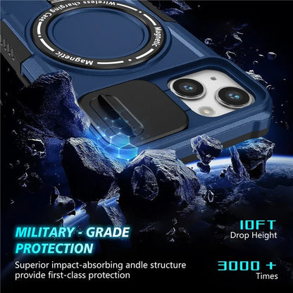 For iPhone 13 Camera Protection Case Magnetic Kickstand PC+TPU Phone Cover