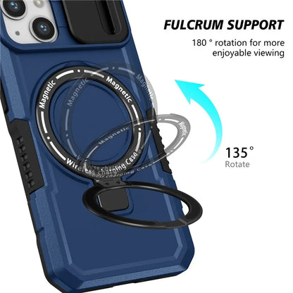 For iPhone 13 Camera Protection Case Magnetic Kickstand PC+TPU Phone Cover