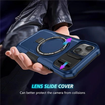 For iPhone 13 Camera Protection Case Magnetic Kickstand PC+TPU Phone Cover