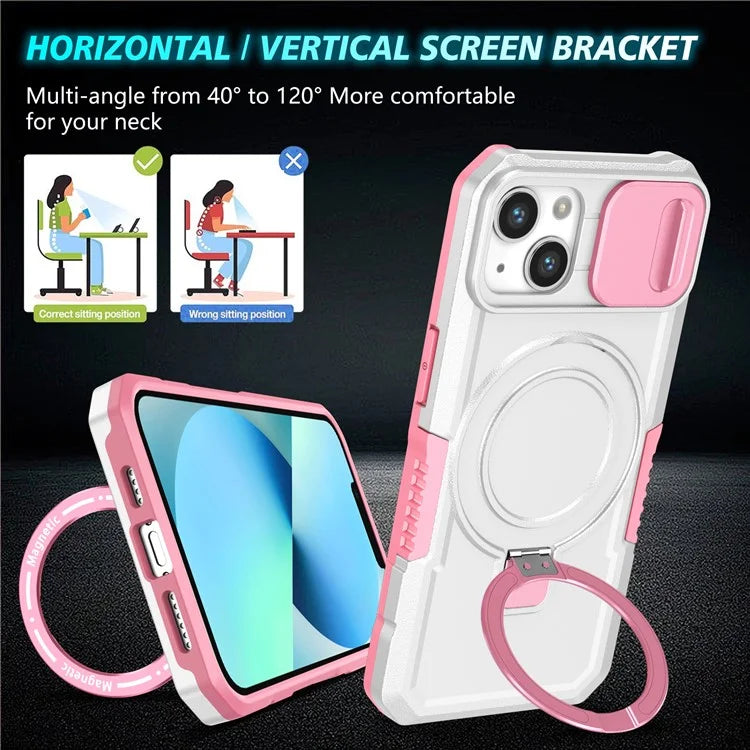 For iPhone 13 Camera Protection Case Magnetic Kickstand PC+TPU Phone Cover