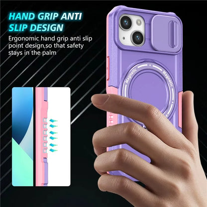 For iPhone 13 Camera Protection Case Magnetic Kickstand PC+TPU Phone Cover