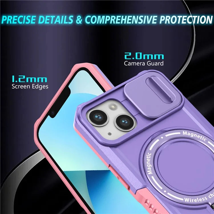 For iPhone 13 Camera Protection Case Magnetic Kickstand PC+TPU Phone Cover