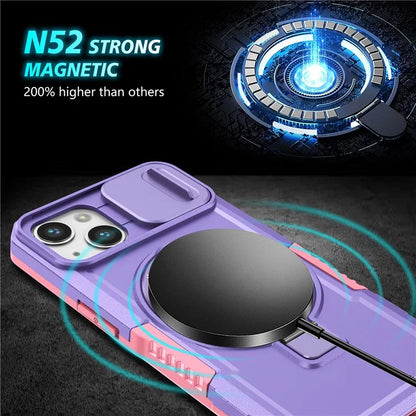 For iPhone 13 Camera Protection Case Magnetic Kickstand PC+TPU Phone Cover
