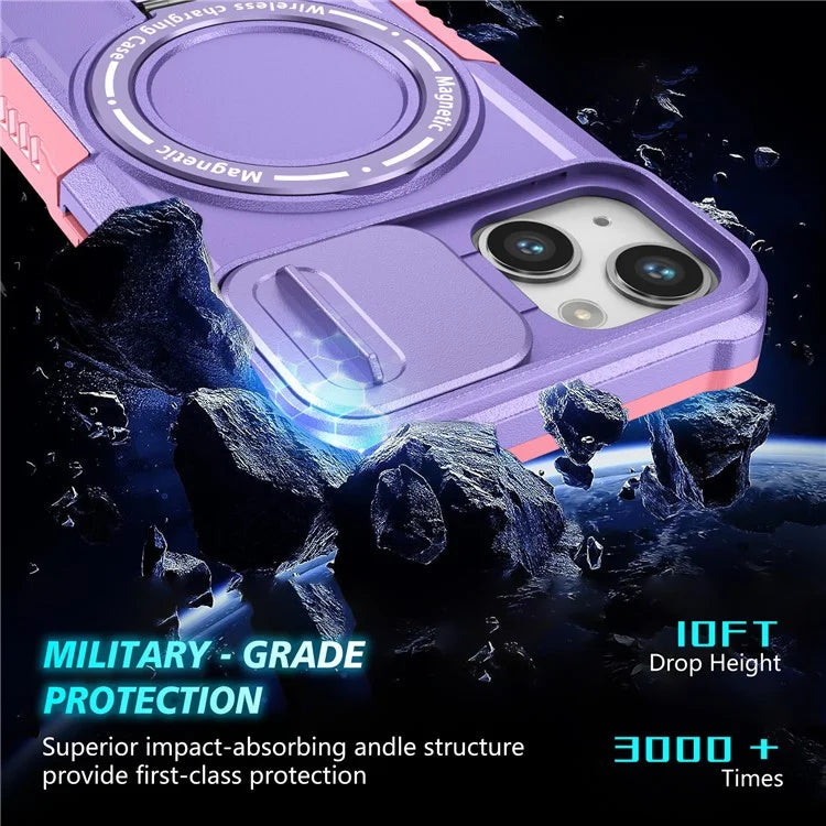 For iPhone 13 Camera Protection Case Magnetic Kickstand PC+TPU Phone Cover
