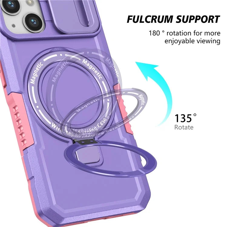 For iPhone 13 Camera Protection Case Magnetic Kickstand PC+TPU Phone Cover