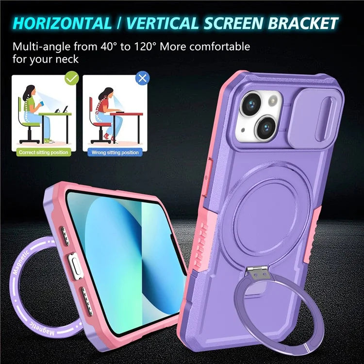 For iPhone 13 Camera Protection Case Magnetic Kickstand PC+TPU Phone Cover